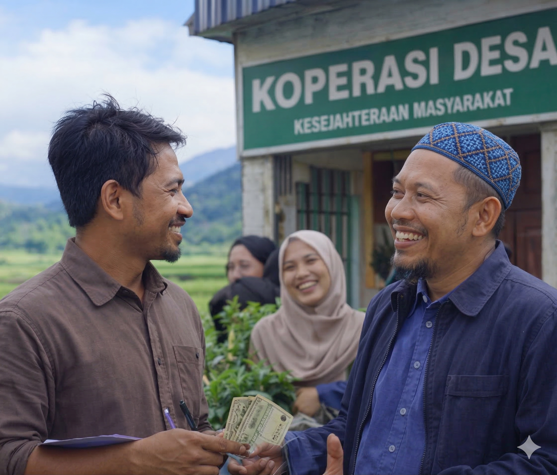 Dua pria Indonesia berjabat tangan di depan papan Koperasi Desa